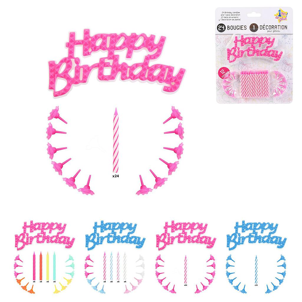 Bougie x24 deco happy birthday et support x12 m30 a4/in15/m30