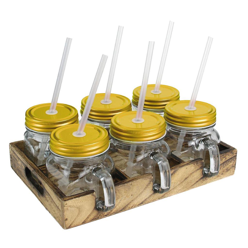 Set de 6 bocaux en verre 25cl avec support bois et pailles