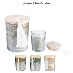 [BO5191] Bougie senteur fleur de coton en verre avec Pompoms H10cm